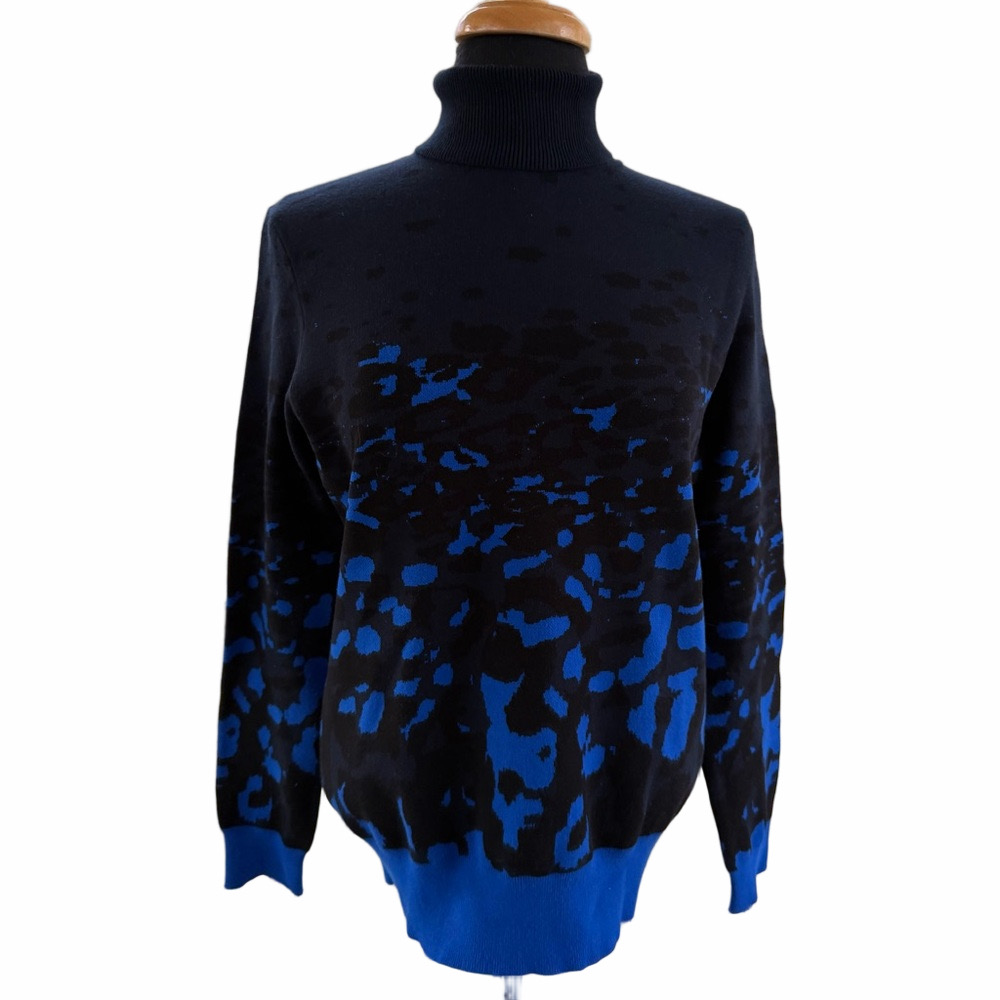 Ted Baker Nulina Black Blue Gray Sweater Rubbed Roll Neck Leopard Design EUC